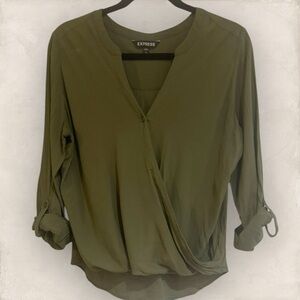 Express Olive Green Faux Wrap Women's Blouse with Cuffed‎ Sleeves